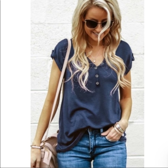 Blue Buttoned Detail Short Sleeve Top - Picture 3 of 5